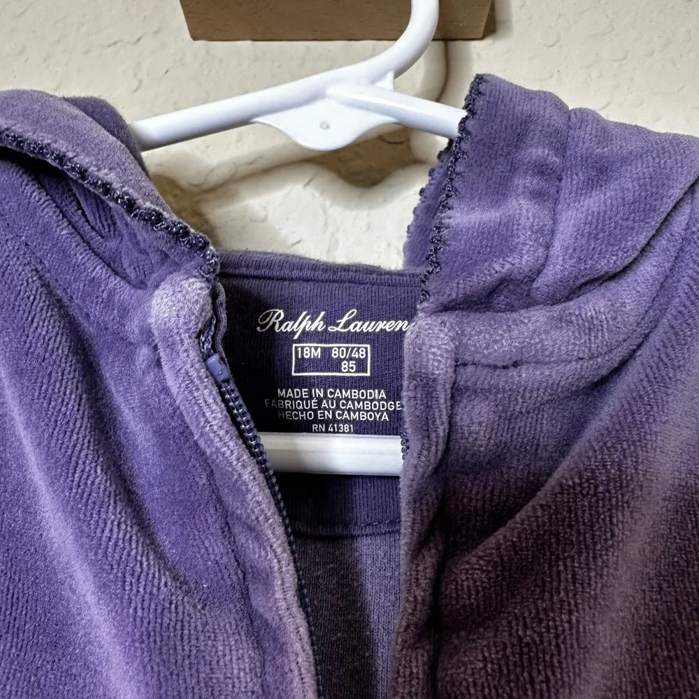 Ralph Lauren Girls Purple Velour Peplum Full Zip Hoodie Sweatshirt 18M